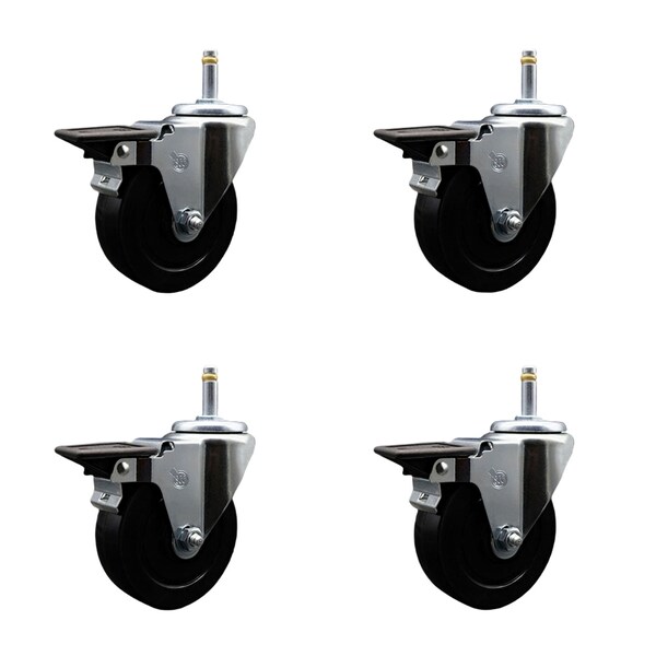 Service Caster 4'' Soft Rubber Wheel Swivel 7/16'' Grip Ring Stem Caster Set with Brake, 4PK SCC-GR20S414-SRS-PLB-716138-4 - main